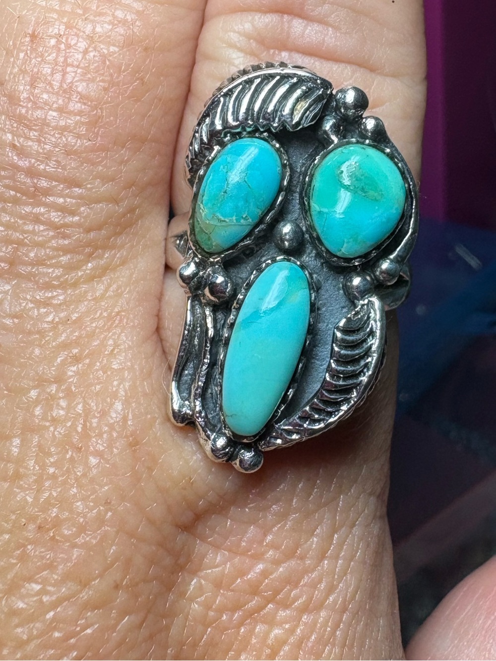 Turquoise Triple-Stone Silver Ring. Size 10.5